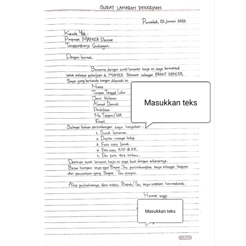 

SURAT LAMARAN TULIS TANGAN FOLIO CEPAT MURAH