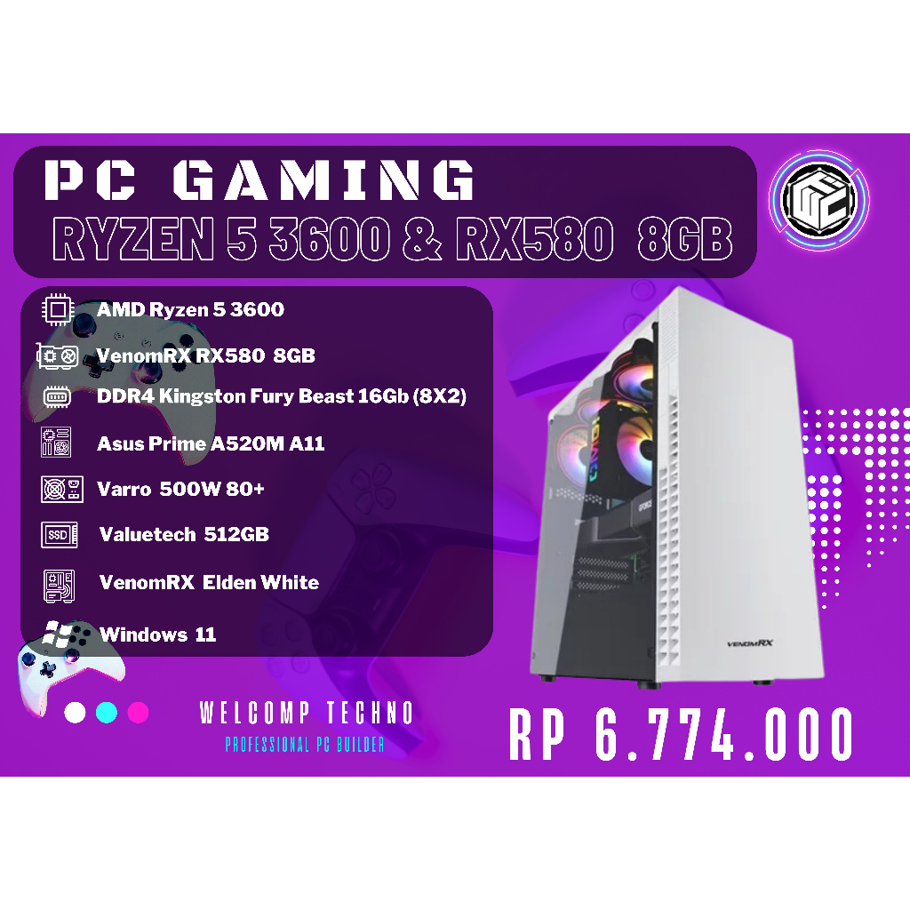 Komputer PC Gaming Ryzen 5 3600 / 16Gb (8X2) / 512GB Sata / VenomRX RX580 / Elden White