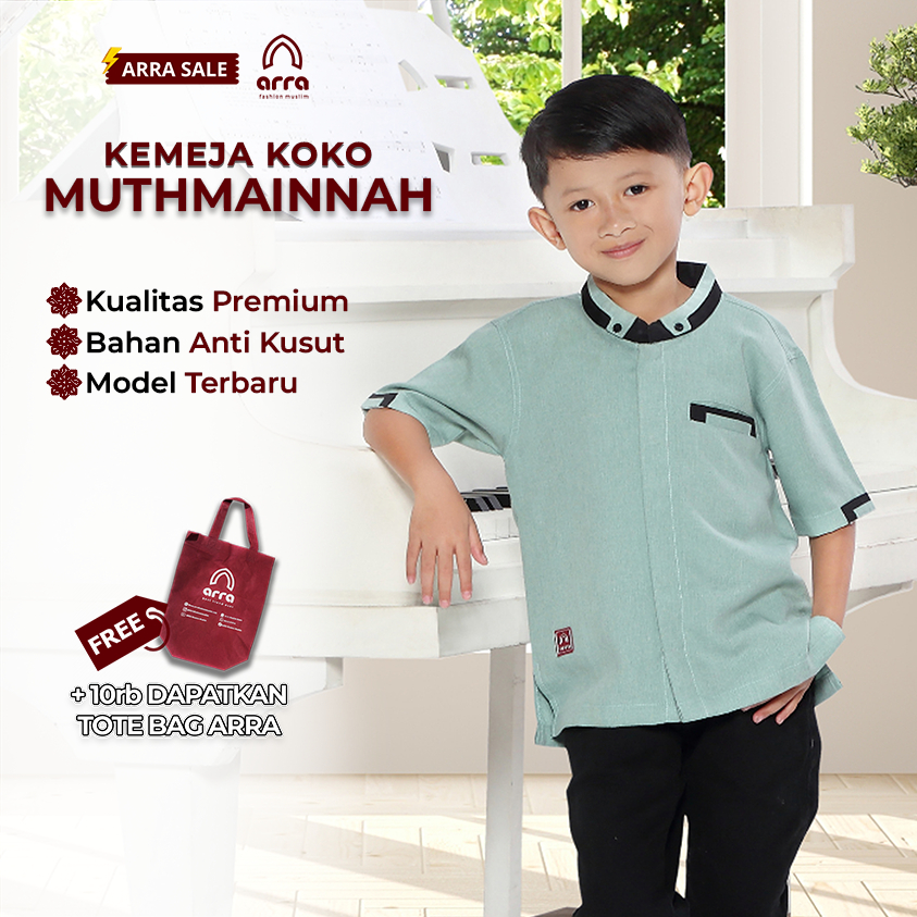 ARRA - Baju Koko Muthmainnah Fashion Muslim Anak Laki Laki Warna Coffee Mint Mustard Bahan Madina Cotton - Size XS S M L XL XXL