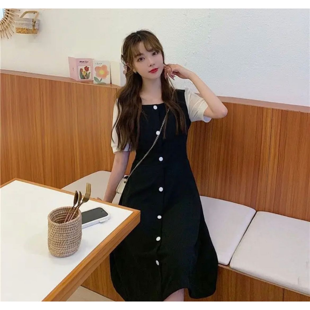 NEW PRODUCT TOPLY SHOP COD DRES WANITA KOREAN STYLE LENGAN PUTIH KOMBINAS / GAUN WANITA KEKINIAN
