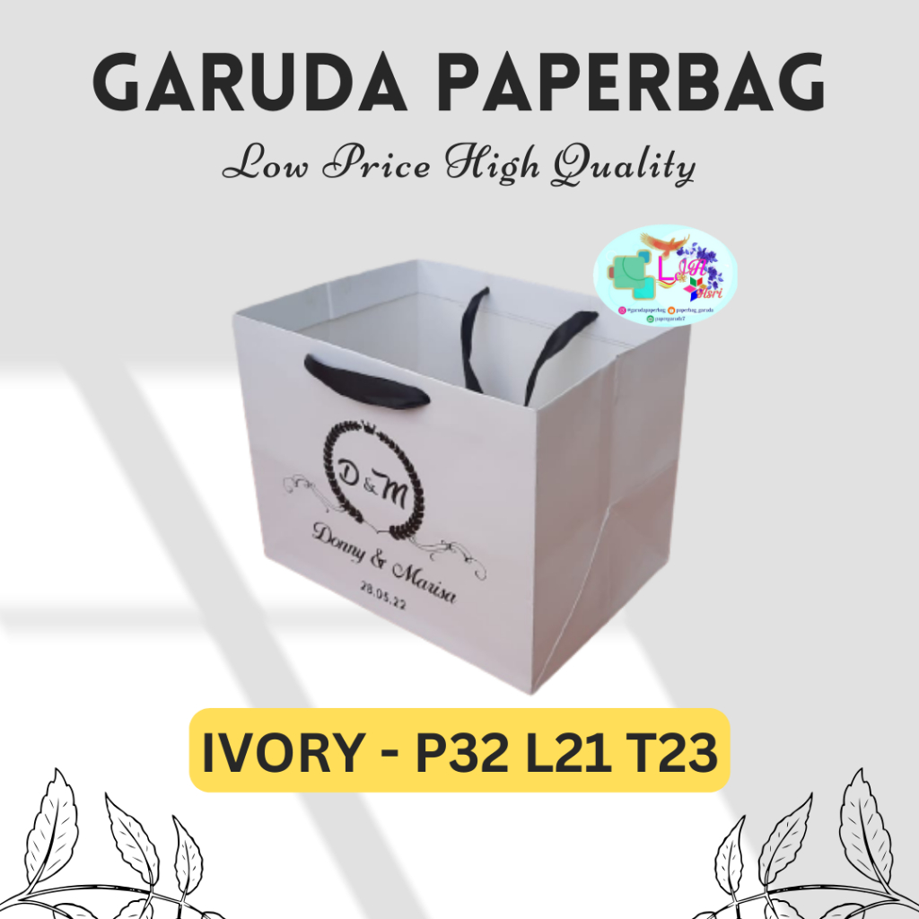 

Paperbag Kotak Nasi Box size 32x21x23 Bahan Ivory 210gsm + tali pita Sablon 1 Sisi 1 Warna