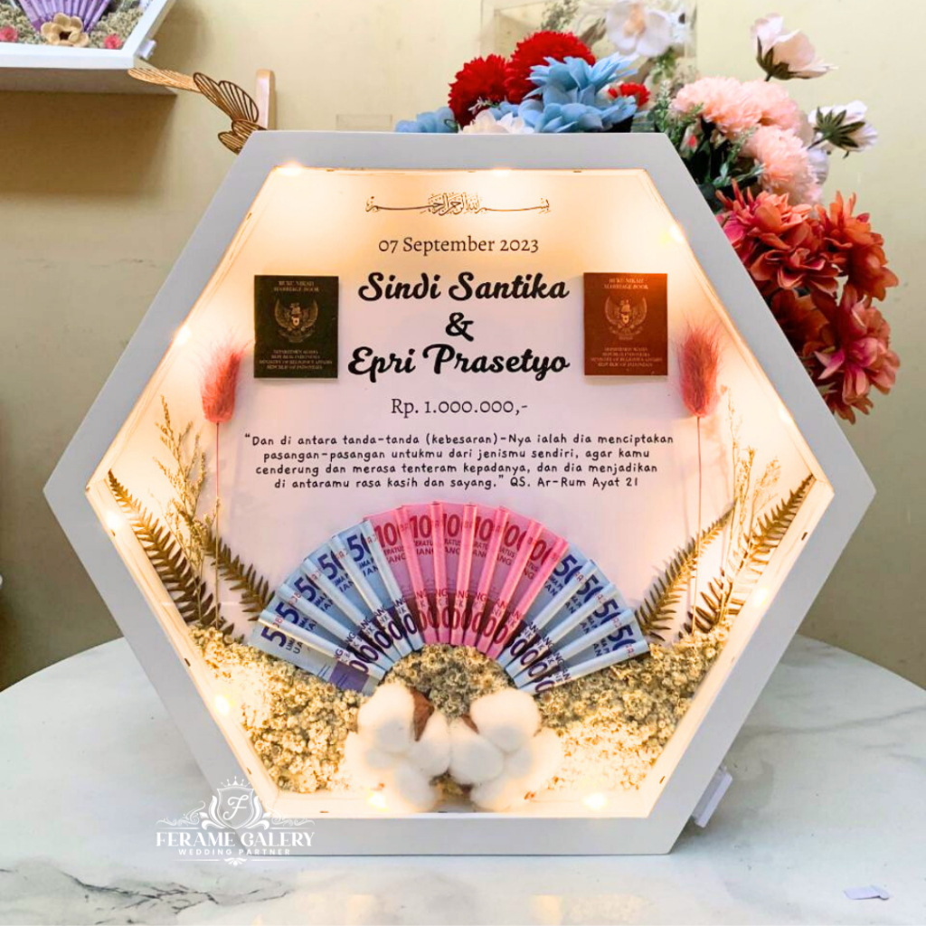 Mahar Pernikahan Bingkai / Frame Mahar / Pigura Mahar / Bingkai Hexagon 3D Rustic / Mahar Murah / Ma