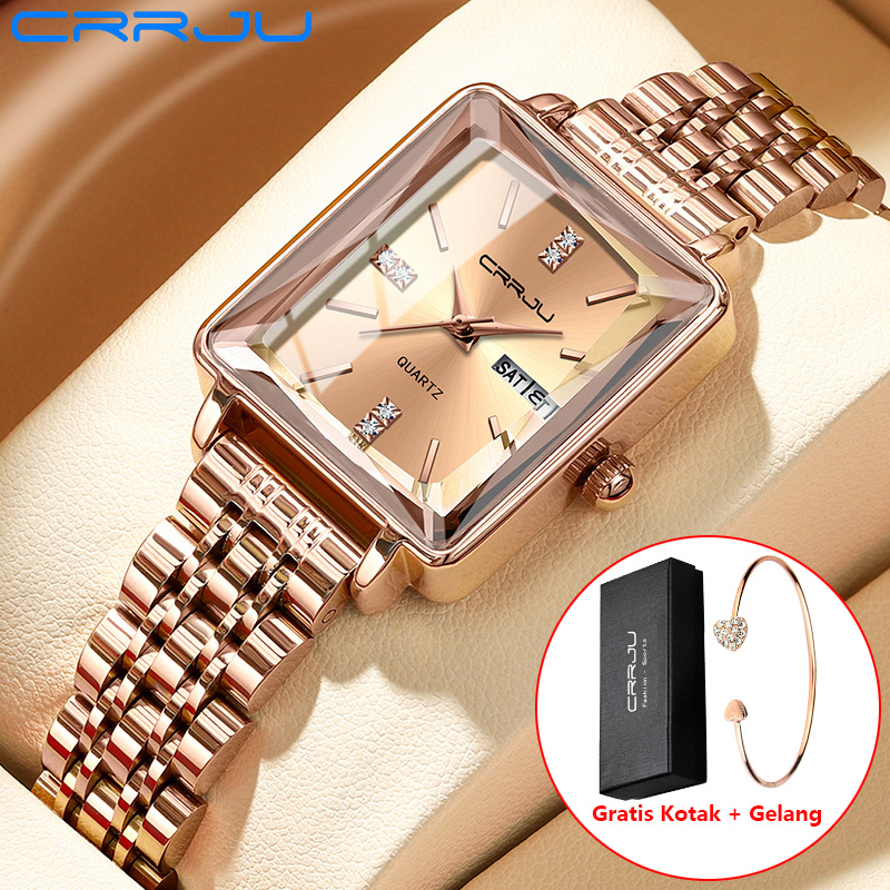 CRRJU Jam Tangan Wanita Original Branded Cewek Anti Air Rantai Kuarsa Stainless Steel Terbaru Elegan