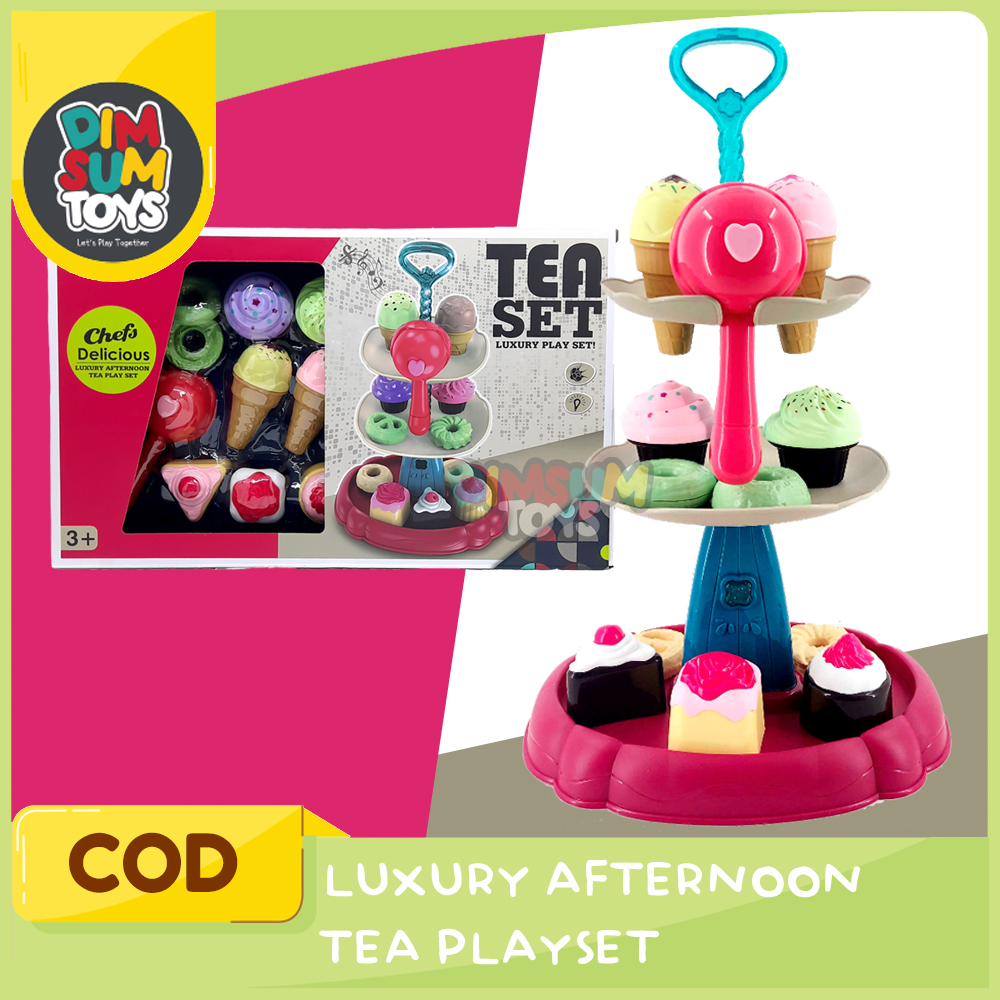 Mainan Anak Tea Set Luxury Play Set Afternoon Tea Cake Stand Pretend Play
