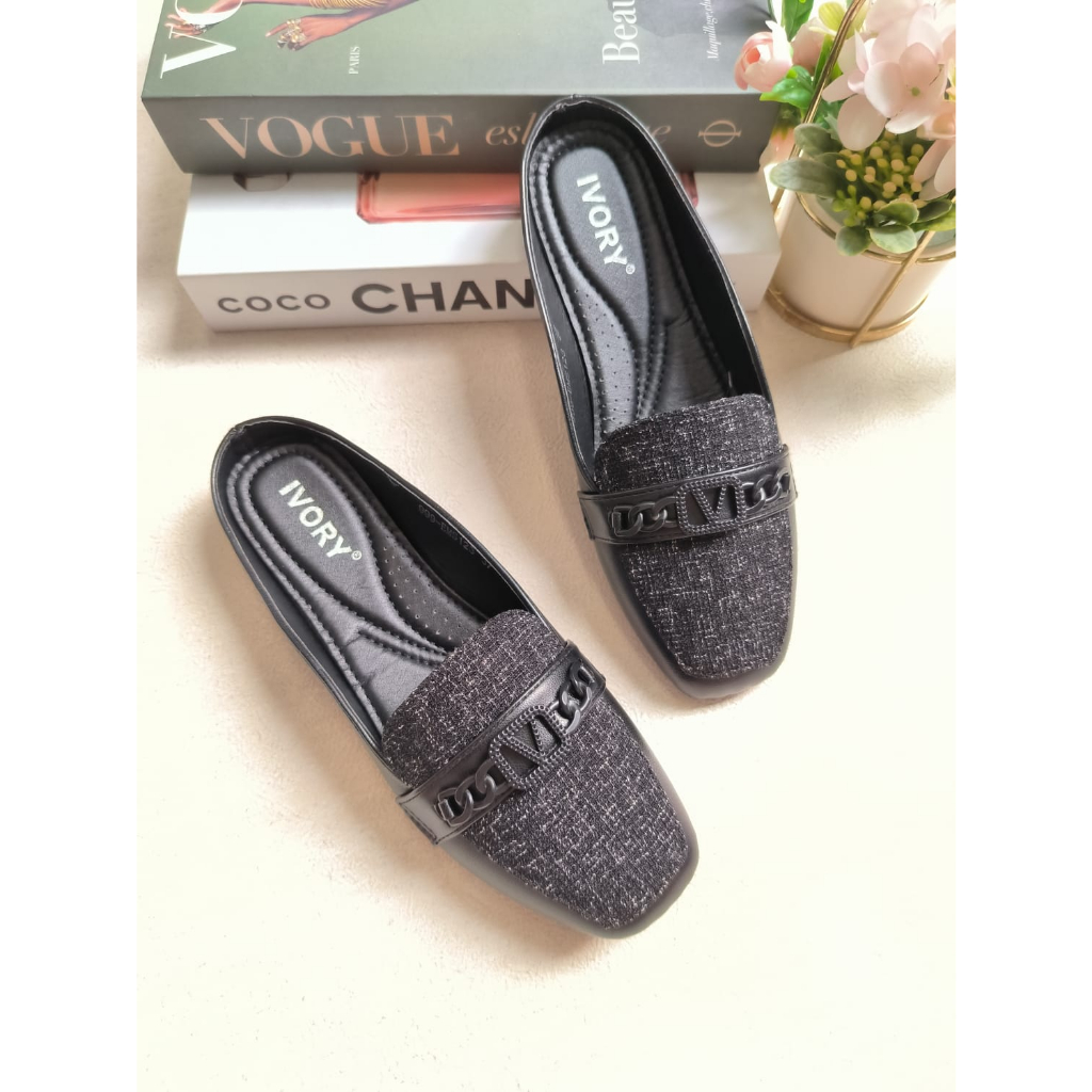 Diskont Ivory Sepatu Wanita Flat Mules Slip On Import 999-Em123