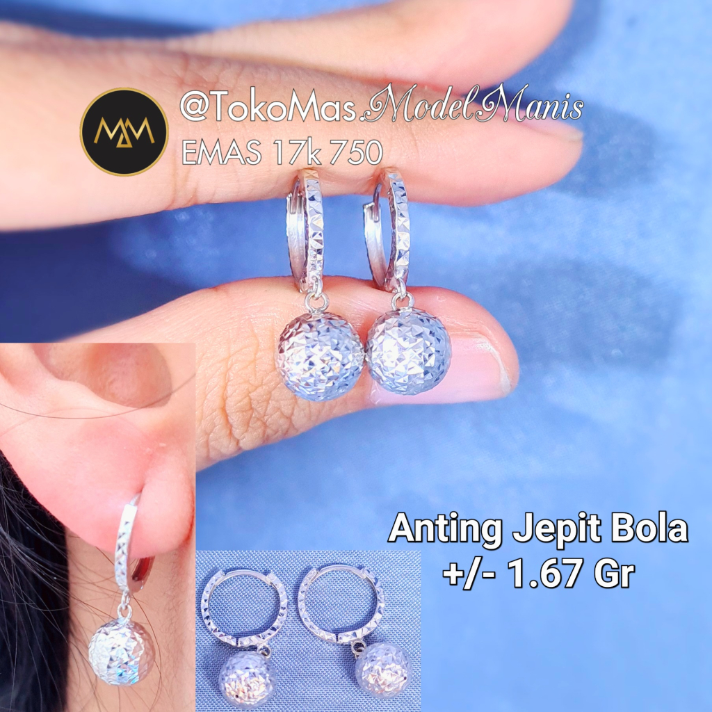 Anting Jepit Bola Candy Emas Putih 750 kadar 17k