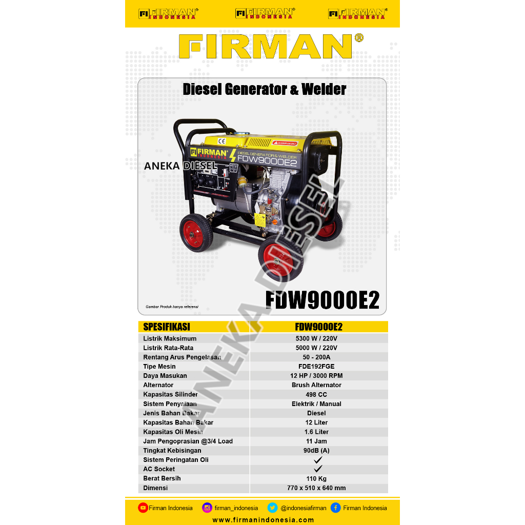 Mesin Genset Solar 5300W FIRMAN FDW 9000E2 Diesel Generator 5300W FDW 9000E2 FIRMAN Pembangkit Listr