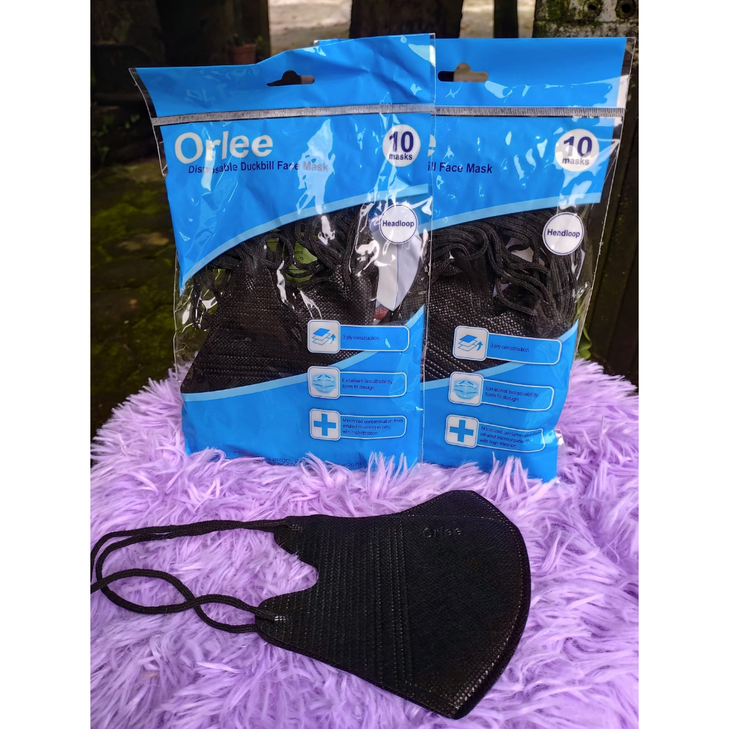 Masker Duckbill Orlee hijab headloop isi 10 pcs warna hitam dan putih/ 3 ply