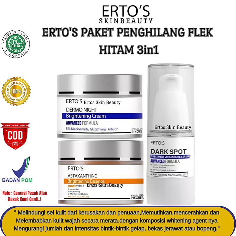 Ertos Paket Flek Hitam 3in1 BPOM - Ertos Dark Spot,Astaxanthine Whitening Cream,Dermo Night Cream