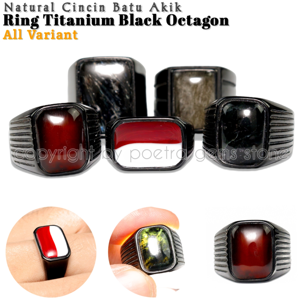 Cincin Titanium Hitam Natural Batu akik Kotak Octagon Minimalis