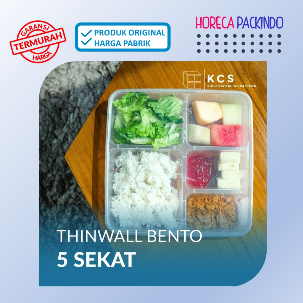 Thinwall Square Sekat 5 + Tutup Datar / Bento Plastik KCS Pack 25pcs