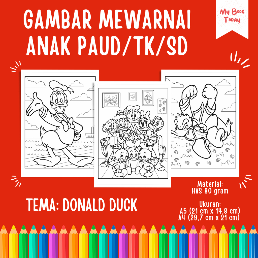 

[My Book Today] Lembar Kertas Sketsa Gambar Mewarnai untuk Anak Sekolah PAUD TK SD Tema Disney Donald Duck