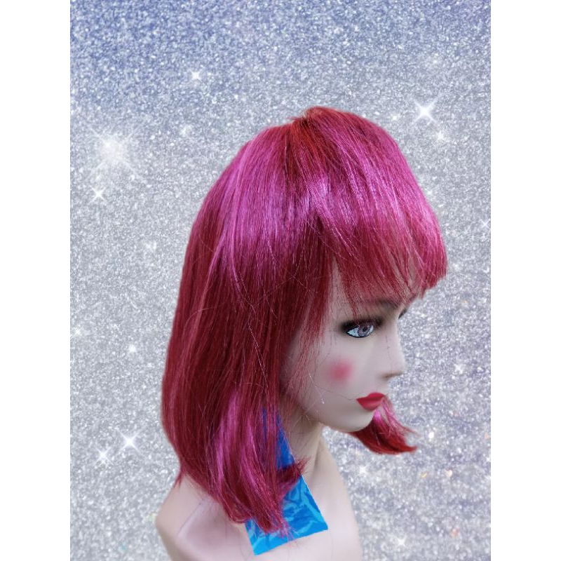 Wig Bob lurus poni warna merah muda / wig cosplay merah muda