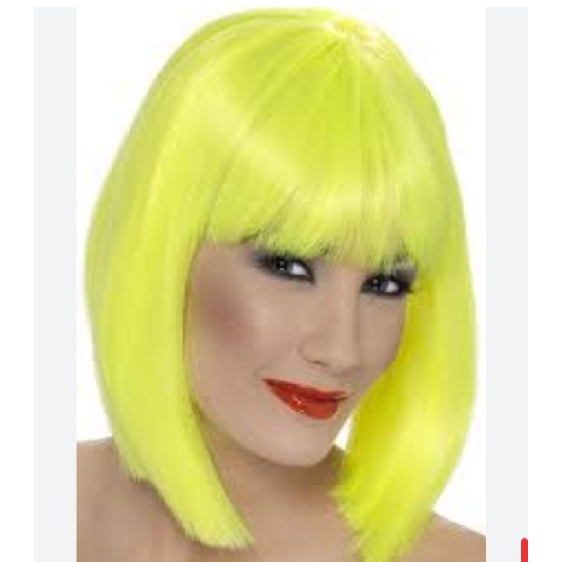 Wig Bob lurus sebahu poni warna kuning neon-ungu-pirang-merah muda