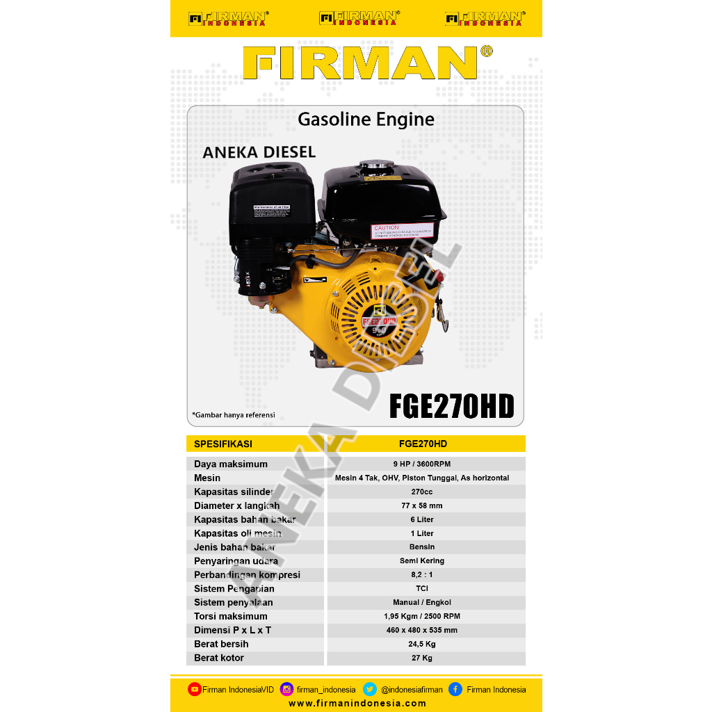 Mesin Penggerak Bensin 9HP FIRMAN FGE 270HD Gasoline Engine 9HP FGE 270HD FIRMAN Mesin Penggerak