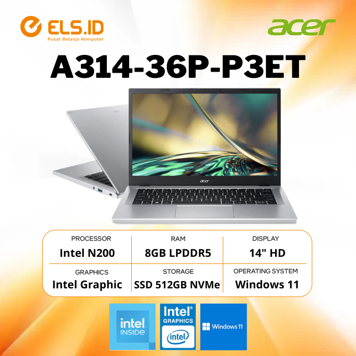 Acer Aspire 3 A314 36P Core Intel N200 8GB SSD 512GB 14" W11+OHS