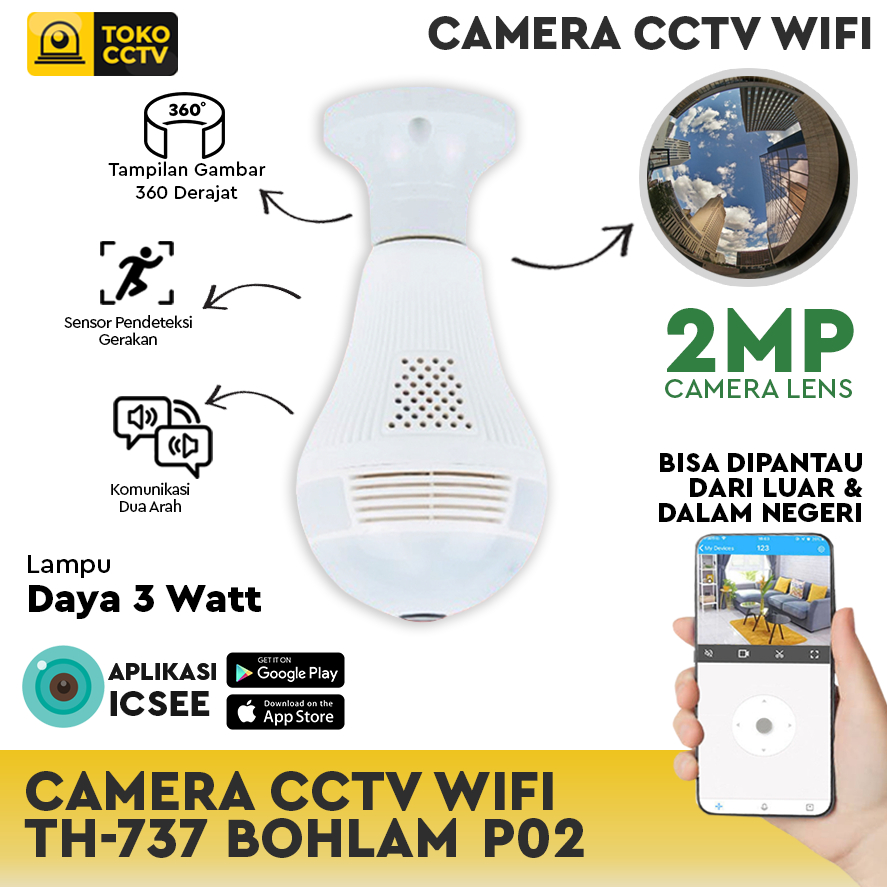 Kamera, Camera CCTV Wifi/IP Bohlam 2MP Panorama, Full HD 1080P, Camera CCTV Wifi Panorama