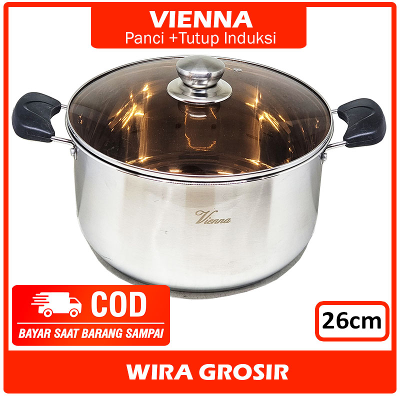 Vienna Panci Stainless Tebal +Tutup Kaca 26cm (bisa untuk kompor listrik induksi) | Casserole Sup
