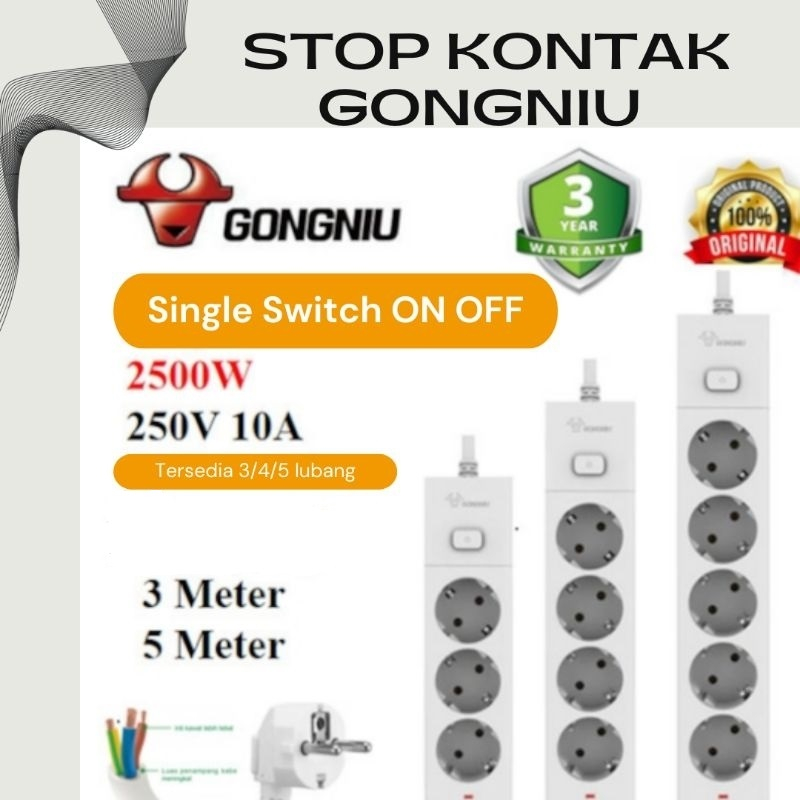 Stop Kontak GONGNIU/GONEO Single Switch On Off + Kabel. 3,4,5 Lobang
