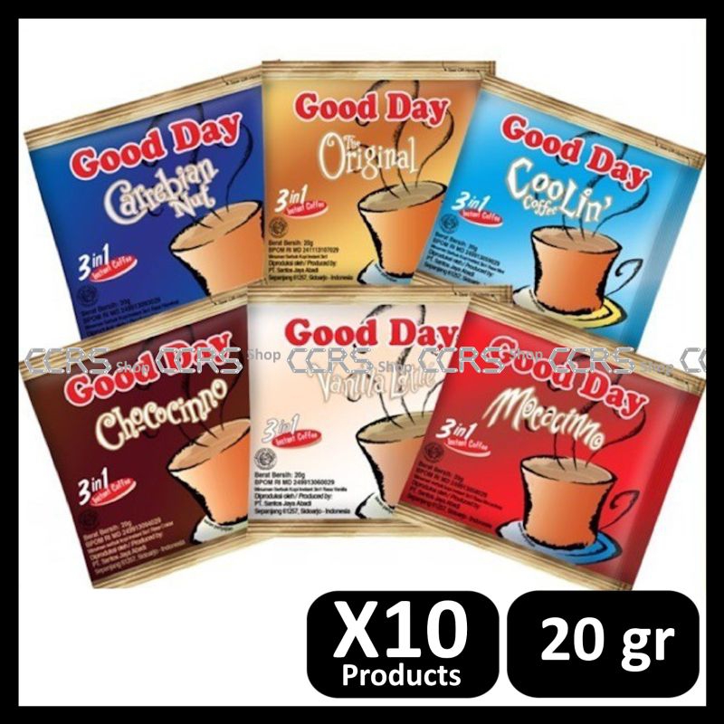 

CCRS Shop - Good Day Kopi Instan Sachet All Varian Rasa Per Renceng 10 Pcs @20 gr Instant Coffee Carribean Nut Coolin Coffee The Original Chococinno Vanilla Latte Mocacinno - Bandung