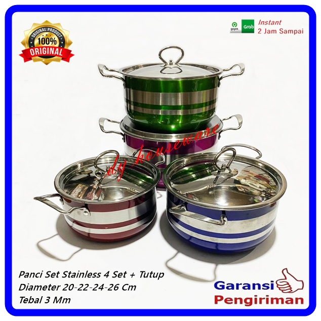 Panci Set Stainless 4 Susun Tebal 3 Mm + Tutup Ukuran 20-26 Cm Warna Warni