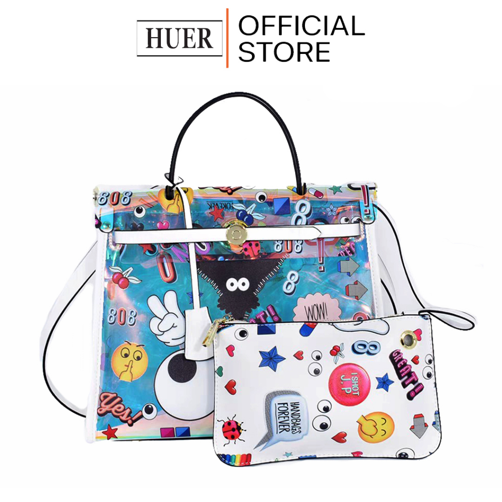 HUER ~ Tas Wanita Drieva Eye Theme Printed Hologram Satchel Bag 9454-321White