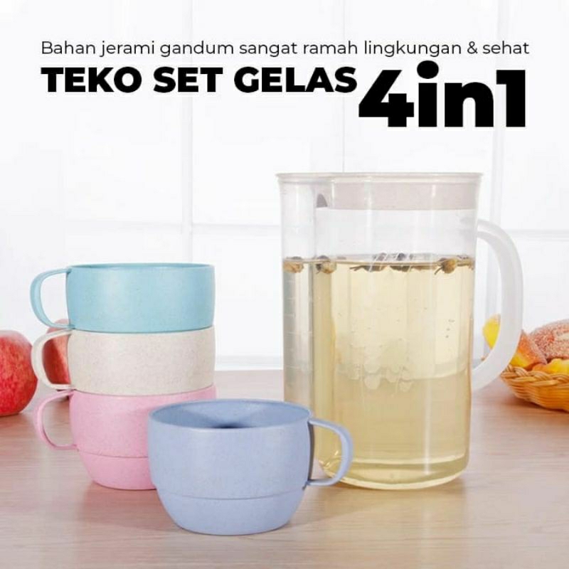 Teko Air Gelas Set  Jerami Gandum/Teko Set Gelas Plastik 5in1/Teko Gelas Plastik 4pcs