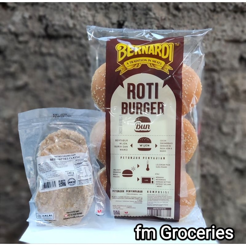 

Paket roti burger wijen Bernardi + beef patties bernardi Frozen