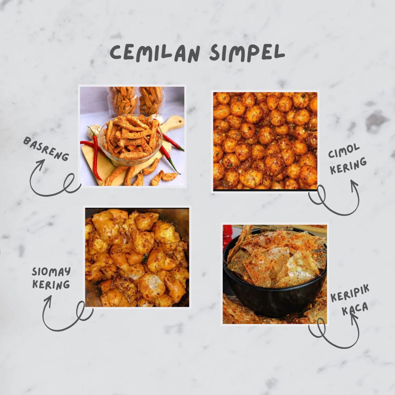 

Basreng, Keripik kaca, Cimol kering, Siomay kering