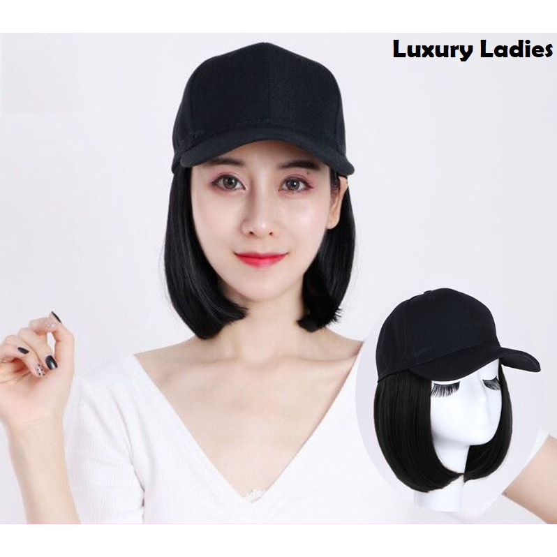Wig Topi Baseball Rambut PENDEK Keriting dan Lurus, Topi Baseball Wig Hat Hair Clip Rambut Palsu Wan