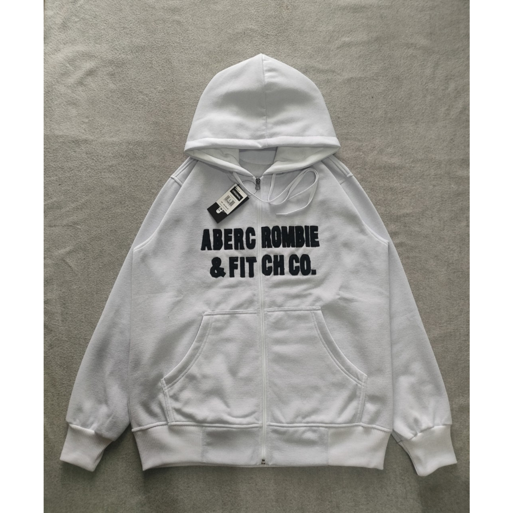 Jaket Hoodie Abercrombie &amp; Ch Co Putih Ziper Logo Bordir Fulltag