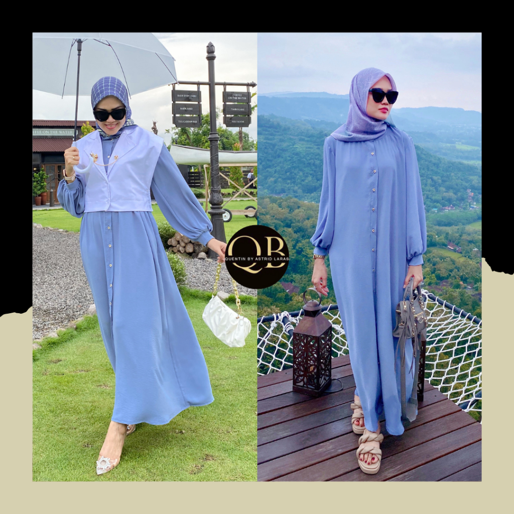 QB Obe Set/Gamis Wanita Anti Lecek Dress Jumbo Full Kancing Bahan Crincle AirFlow/Gamis Putih Polos 