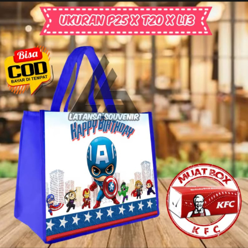

Tas Captai America Murah Tas souvenir ultah goodie bag ulang tahun murah tas muat KFC snack ultah tas ulang tahun anak termurah dan terlaris Tas Avenger Tas Captain America tas Spiderman tas Hulk