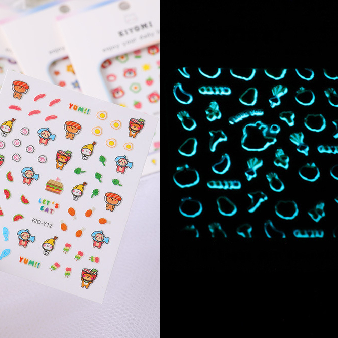 Stiker Kuku Mini Glow in the dark Nail Art Aksesories Kuku Glow In The Dark Nyala dalam gelap motif kartun lucu rabbit-dino-pony-bear-sticker kuku animal cute light nail stiker kiyomi