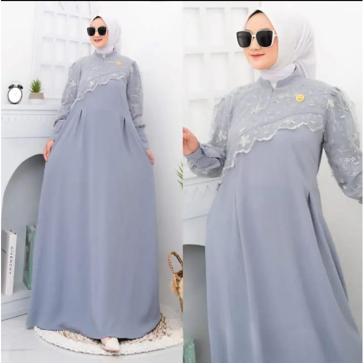 Meisya Dress Gamis Muslim Wanita Modern Kekinian Matt Cringkle Airflow Mix Brukat OOTD Dress Maxi Casual Daily Polos Basic Fashion Terlaris