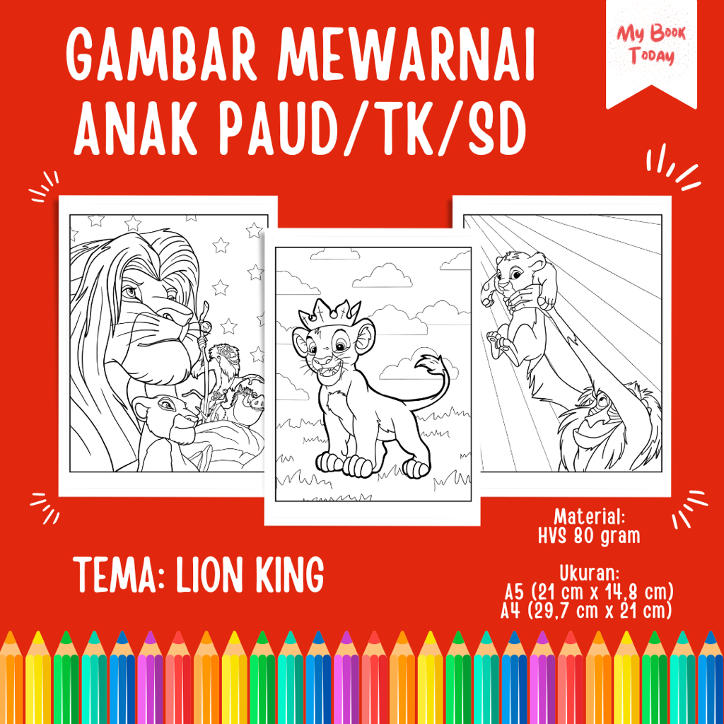 

[My Book Today] Lembar Kertas Sketsa Gambar Mewarnai untuk Anak Sekolah PAUD TK SD Tema Lion King