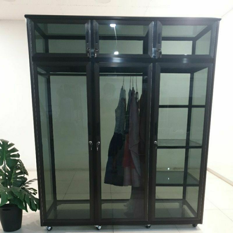 TC ALUMINIUM LB 524 150X55X180 b LEMARI RAK BAJU ALUMINIUM 20U COKLAT FULL KACA RIBEN 3 MM GANTUNG H