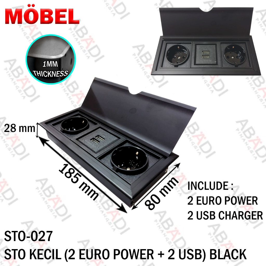 Box Stop Kontak Buka Tutup Soket Socket Pop-Up 2 EURO Power + 2 USB Hitam Tanam Meja Meeting Room