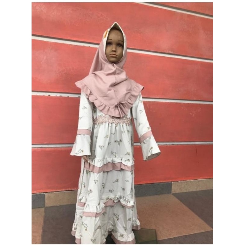 gamis syakilla putih motif bunga pink