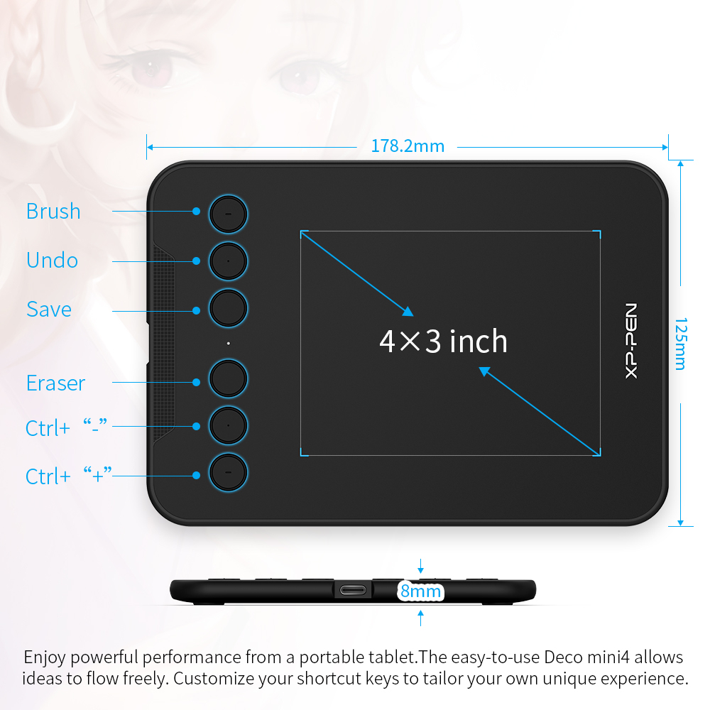 XPPen Deco mini4 Pen Tablet Drawing Tablet Digital Graphic Tablet Support Android Phone &amp; Laptop/PC With Battery-free 8192 Pen Pressure