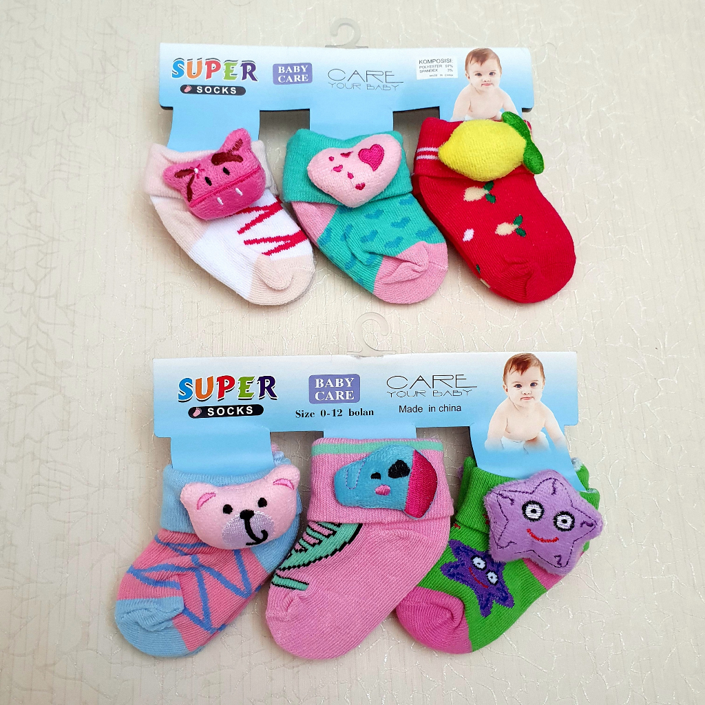 Kaos Kaki Bayi Lucu Murah Motif Boneka Samping Karakter 1 set isi 3 pcs