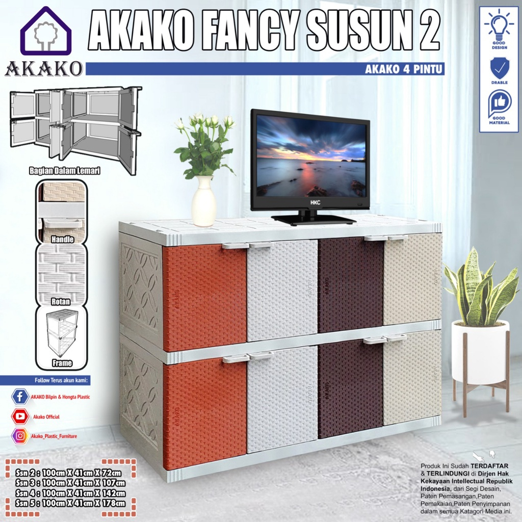 Lemari pakaian plastik akako fancy 4 pintu 2 susun 3 susun 4 susun 5 susun warna warni MURAH coklat 