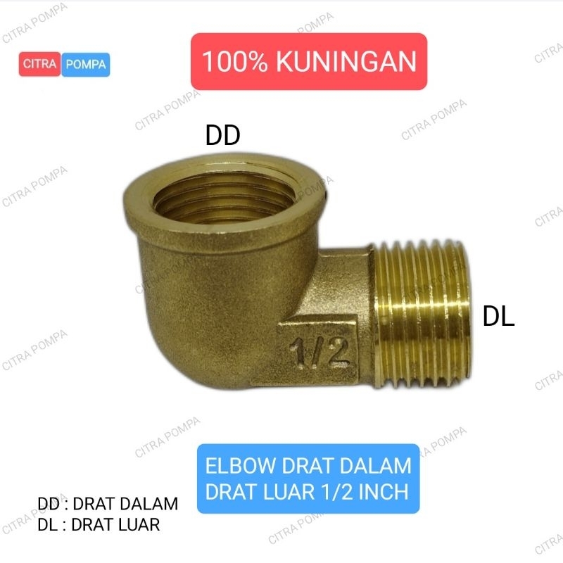ELBOW KUNINGAN DRAT DALAM DRAT LUAR 1/2 INCH