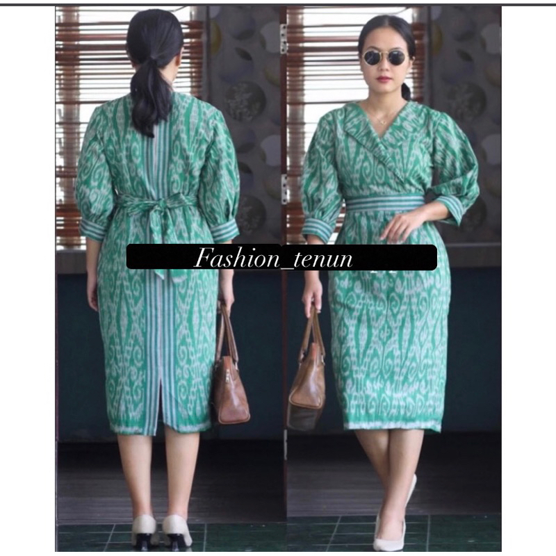 dress tenun vevaonlineshop model kerah lengan balon motif khas dayak kalomantan warna hijau