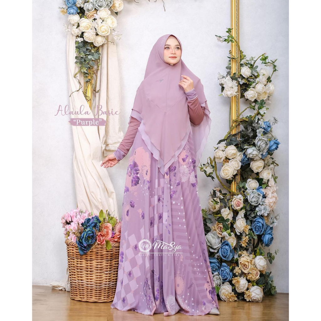 Set Gamis Dress Ceruty Babydoll Syari Branded Printing Purple Mewah Masya Syari Original Terbaru Ala