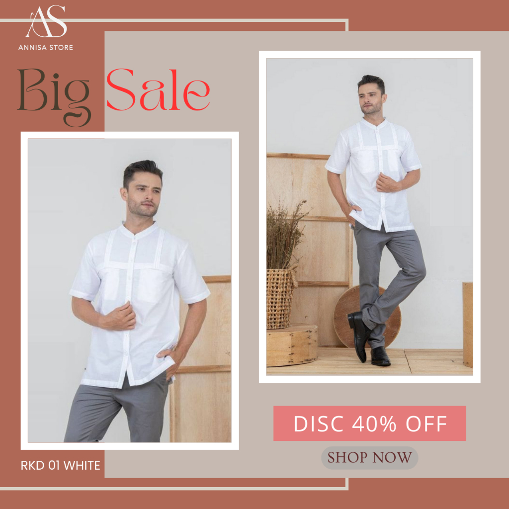 BAJU ATASAN PRIA RAUNA PRIDE RKD 01 WHITE / ATASAN PRIA BAHAN COTTON STRETCH WARNA PUTIH LENGAN PEND