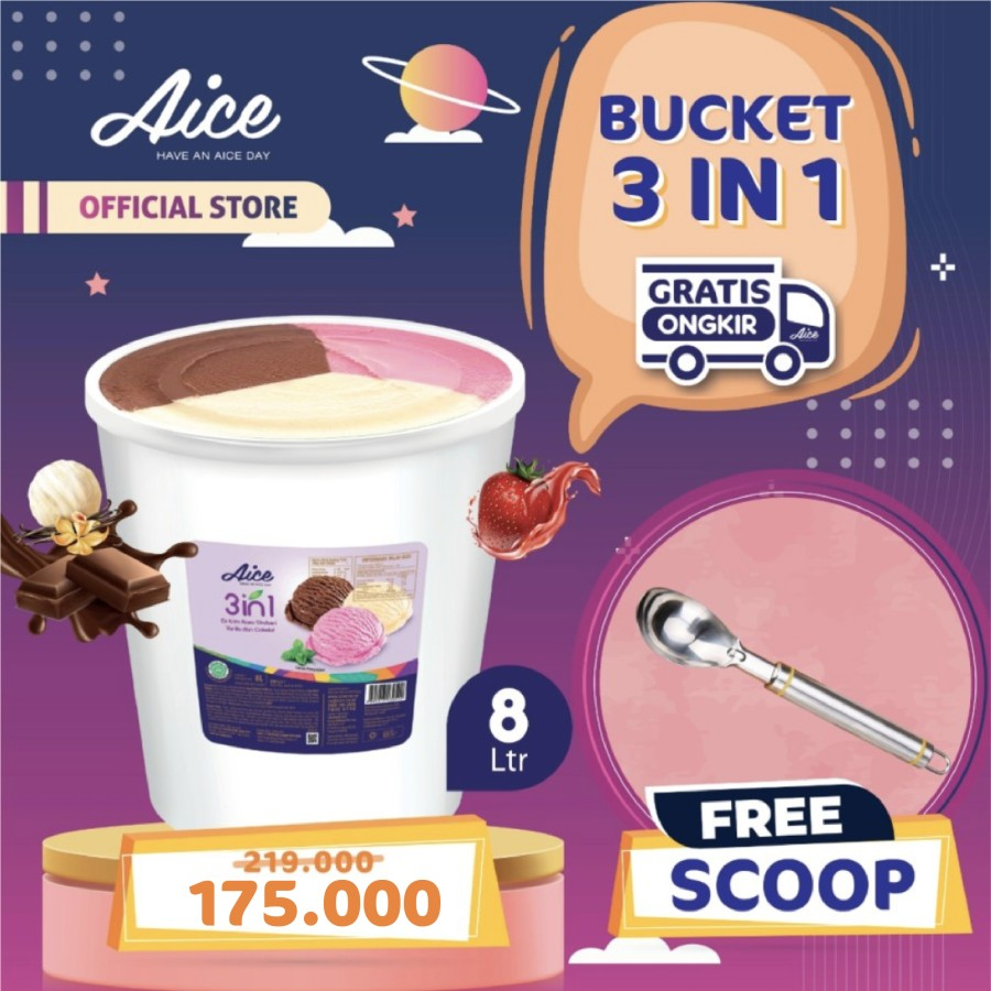 

AICE 3 in 1 Bucket 8 Liter Ice Cream Es Krim 3in1 Ember 8L Free Scoop Eskrim