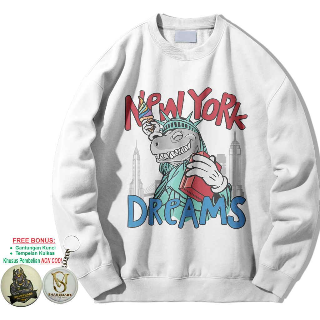 Sweater Oversize DINO NYC Print | Crewneck Pria & Wanita Jumbo korean style Unisex Cotton FLeece teb
