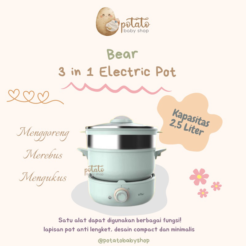 Bear 3In1 Electric Pot 2.5L - Panci Elektrik Multifungsi Hotpot Hot Pot Pan