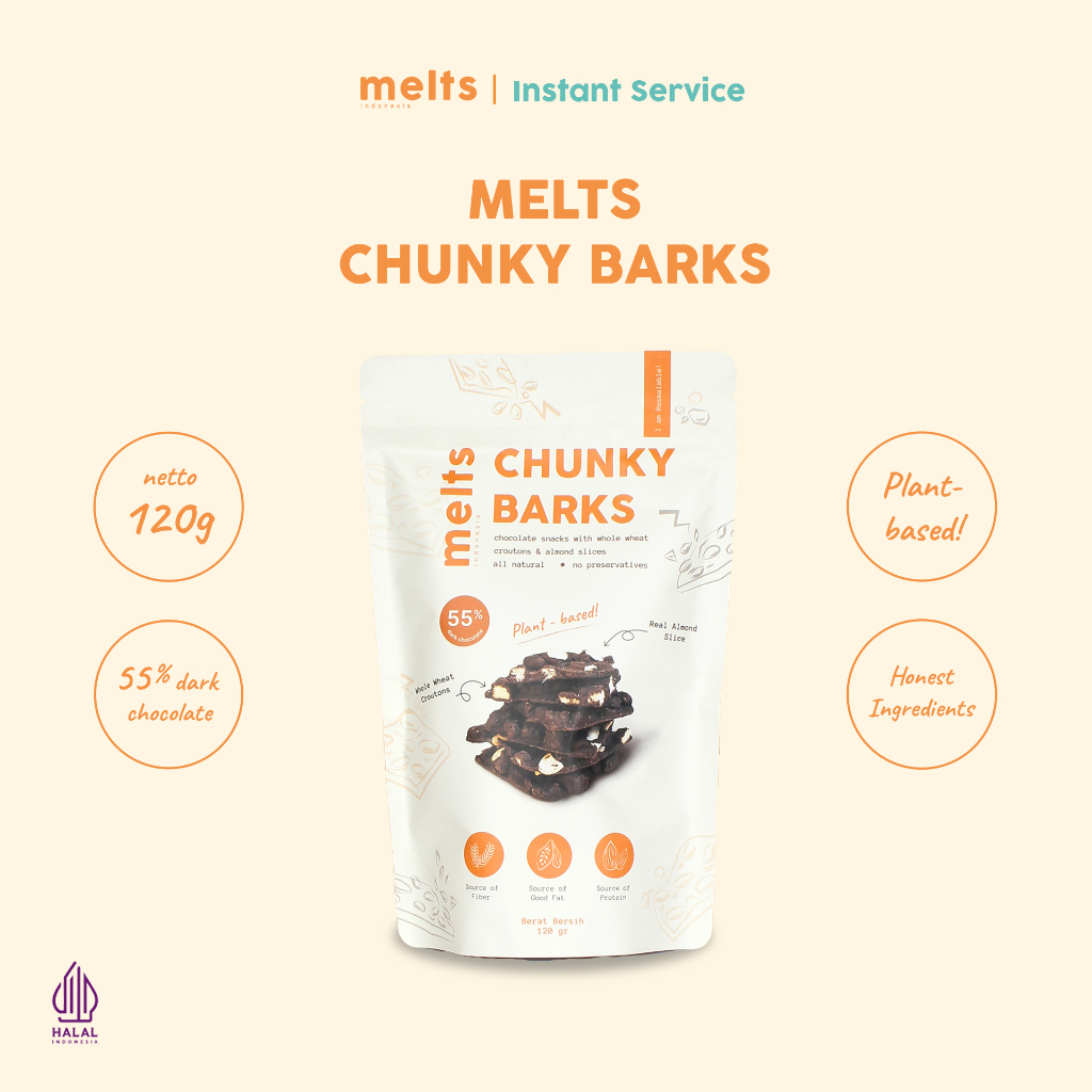 

Instant Service - MELTS Chunky Barks 120g | Snack Coklat Almond Slice Plant Based Vegan